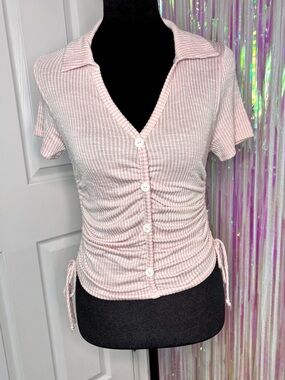 Pale Pink Ribbed Button-Front Collared Top Ruched Tie Sides- Caution To The Wind